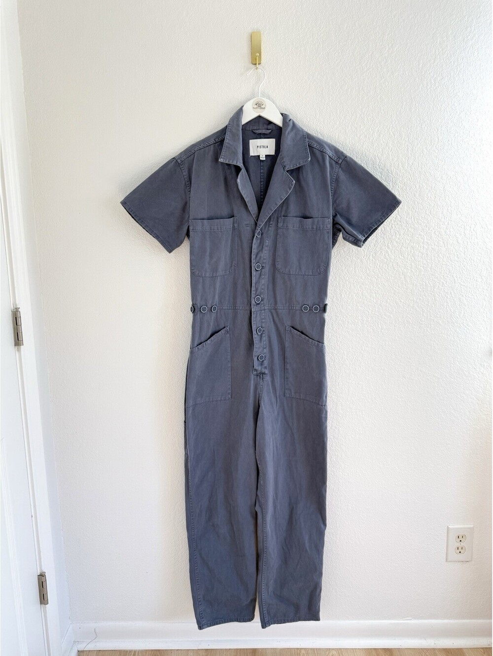 PISTOLA Grover Cotton Dusty Blue Utility Straight Leg Adjustable Jumpsuit Sz Med